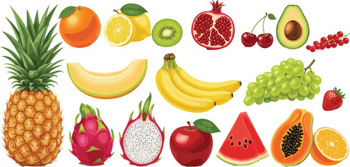 Realistic Vector Assortment of Tropical and Healthy Fruits including Pineapple, Dragon Fruit, Banana, Papaya, Avocado, and Berries, Ideal for Nutrition, Diet, Market, and Food Package Designs.