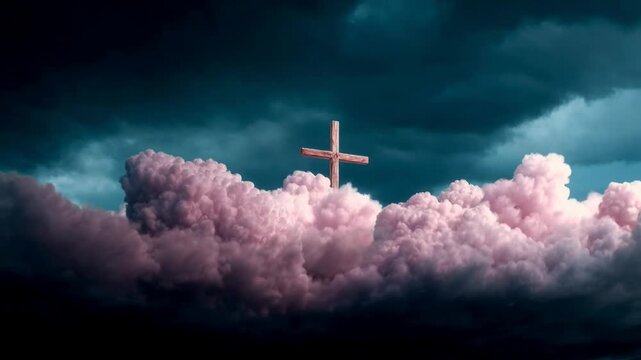 Golden cross rises above dramatic dark clouds lit by blue light symbolizing christian faith hope and divine guidance in uncertain times