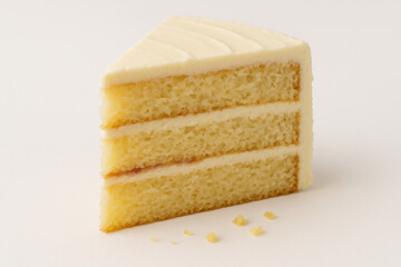 Vanilla Layer Cake Slice with Cream Filling Isolated on White Background