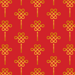 Lunar new year seamless pattern.Gold Chinese knot repeat pattern isolated on red background.Spring Festival background.Lucky charms pattern vector graphic illustration wallpaper.
