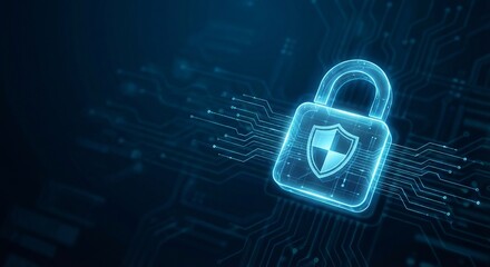 Glowing digital padlock icon with shield overlaying a dark blue circuit board background representing data security