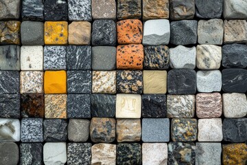 Intricate collection of meticulously cut square stones forming textured mosaic