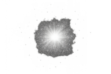 Bright white light starburst effect with sparkling glitter dust and lens flare, glowing on transparent background