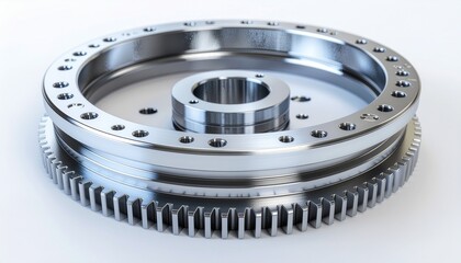 Naklejka premium Close-up of precision industrial gear and bearing assembly with polished metallic surfaces.