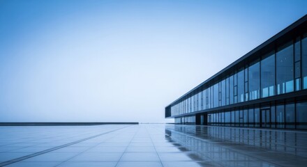 Obraz premium Modern glass building reflecting on wet pavement under a cloudy sky