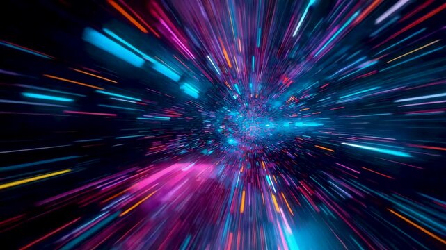 Abstract high speed light streak tunnel with multicolored motion lines converging toward center