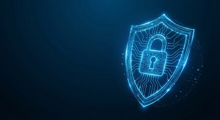 Glowing digital shield with padlock icon represents cybersecurity data protection and network defense technology concept