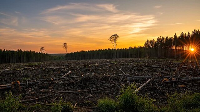 Deforestation Impact: Cleared Forest Area At Sunset, Habitat Loss