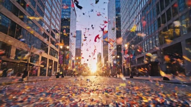 Confetti and fireworks explode in a city street on January 1, 2026, morning after a New Year's celebration with a Christmas tree and decorations in the background, conveying a joyful mood.