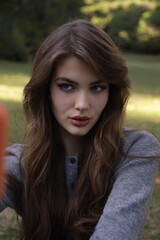  beautiful young slavic woman with long dark natural hair in elegant clothes