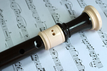 The flute, with its distinct black and white colors, is against a background of musical notes, enhancing the musical atmosphere of the image.