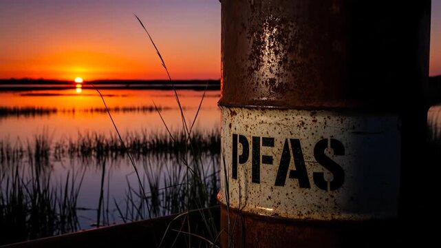 Close-Up Of A Barrel Labeled PFAS Against A Wetland Sunset