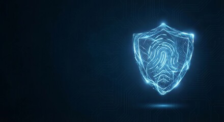 Digital biometric security shield with glowing fingerprint data protection concept on dark background