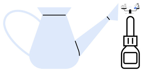 Gardening tools. Watering can and depiction of a glue bottle with detailed process steps. Gardening tools assist in nurturing plants. Ideal for garden care, tutorials, DIY, education, blogs