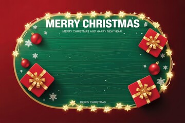 Holiday Festive Merry Christmas Greeting Card with Red Gifts and Green Background for Seasonal Celebrations and New Year Wishes Design Element