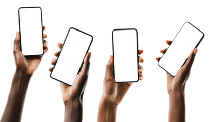 Woman holding a blank business card and smartphone with a blank screen display for digital communication