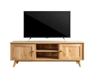 Modern TV on light wood console, black background
