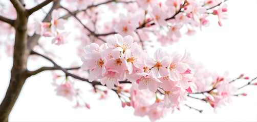 Obraz premium Cherry blossom tree isolated on white background, full bloom, soft pink flowers, natural branch structure.