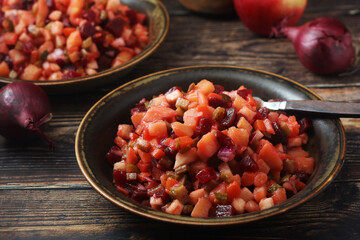 A bowl with traditional Rosolli salad, Finnish cuisine	
