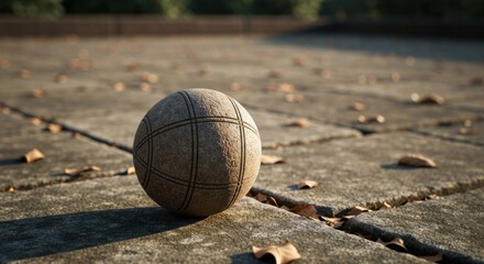Textured ball rests on concrete tiles, scattered leaves, sunny outdoor scene