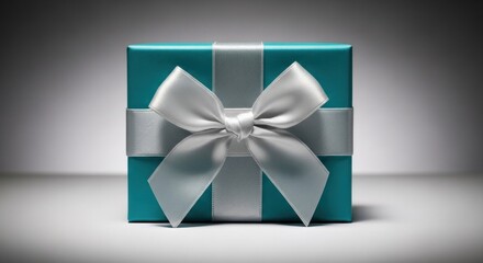 Teal gift box with silver ribbon, in spotlight on white surface