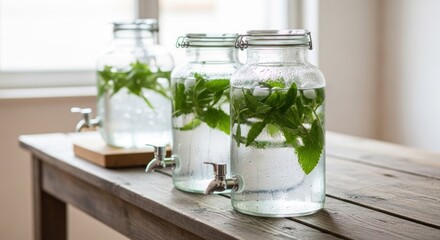 Three glass jars with water and mint leaves on rustic wooden table