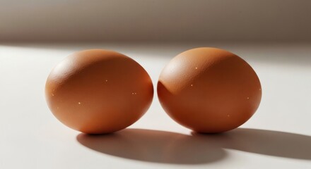 Two brown chicken eggs close together, lit by soft light, on a clean surface