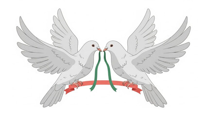 Obraz premium White Doves Holding Green Ribbon in Beaks on Red Banner