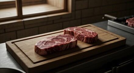 Two marbled raw steaks on a wooden board, near a window and cooktop