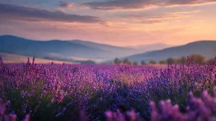 Obraz premium Vibrant lavender field at sunset with rolling mountains in the distance, capturing natures serene beauty