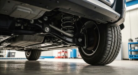 Undercarriage of a vehicle showing wheel, suspension, spring, and mechanics