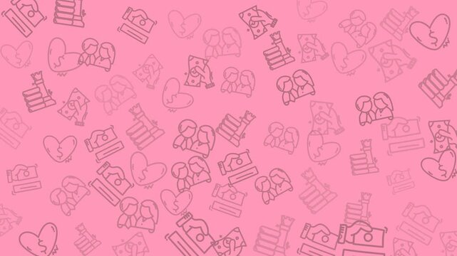 Pink image with animation outlines of couples, broken hearts, and cash register symbols. Suitable for relationship or financial themes in designs.