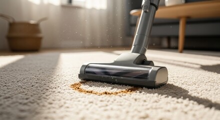 Vacuum cleaner spot-cleaning a stained area rug in a bright, tidy interior