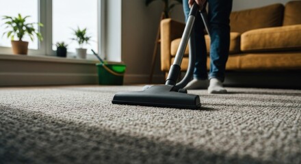 Vacuuming carpet in sunlit room with plants near window; yellow couch behind
