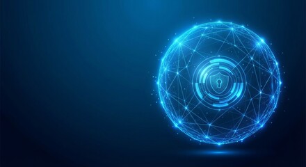 Digital global network sphere with glowing shield icon representing secure data protection and cybersecurity concepts