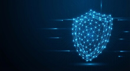 Glowing blue digital shield structure representing cybersecurity data protection on a dark circuit board background