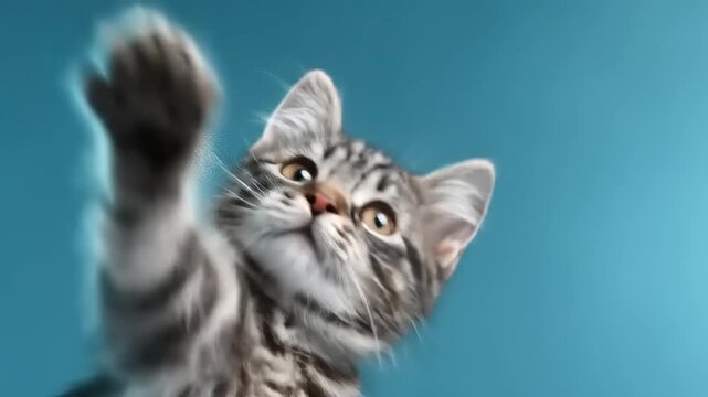 Curious kitten with striped fur on teal backdrop looking upward