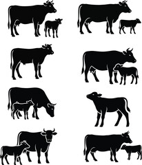 Cow and calf black silhouettes set. different cattle animals and young farm mammals standing