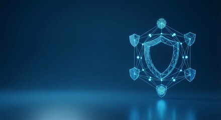 Digital network security concept featuring interconnected shields and biometric fingerprint authentication on dark blue background