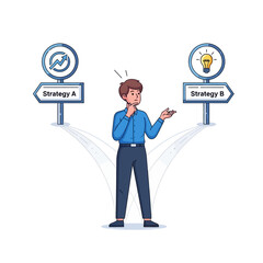 Pensive cartoon man contemplating two strategic paths, decision-making dilemma.