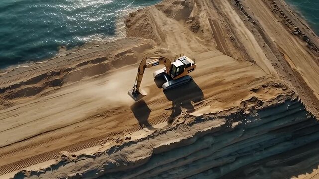 Aerial cinematic view: a powerful excavator shapes sandy terrain, creating dynamic geometric patterns at a vast construction site under a bright sun.