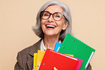 Elderly Woman with Colorful Folders in Office
