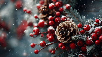 Winter berries and pinecone close-up