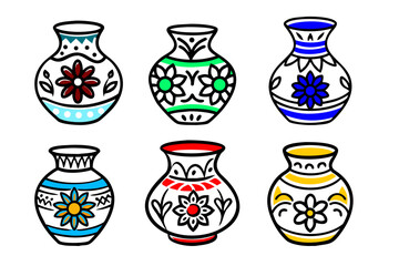 Set of Six Colorful Decorative Ceramic Vases with Floral Patterns, Hand-Drawn Folk Art Style Vases with Bright Flower Designs