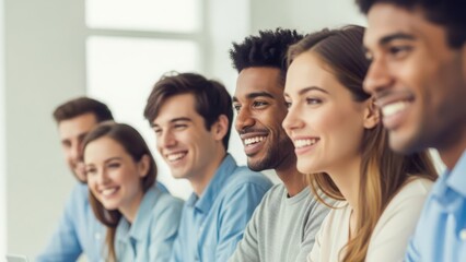 A group of diverse young professionals smiling and looking happy in a meeting or presentation