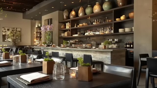 Elegant restaurant interior with tables bar and decorative items