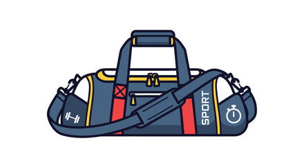 Modern Blue and Red Sport Duffel Bag with Gym Icons.