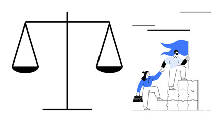 Leadership, fairness, teamwork, collaboration, ethics, justice system. Scales of balance next to two people climbing steps holding hands. Fairness and teamwork concepts for collaboration and ethics