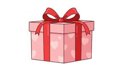 Pink Gift Box with Red Ribbon and Hearts