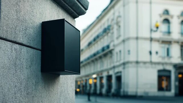 Blank Black Sign Mounted On Textured Building Wall In City Street empty square